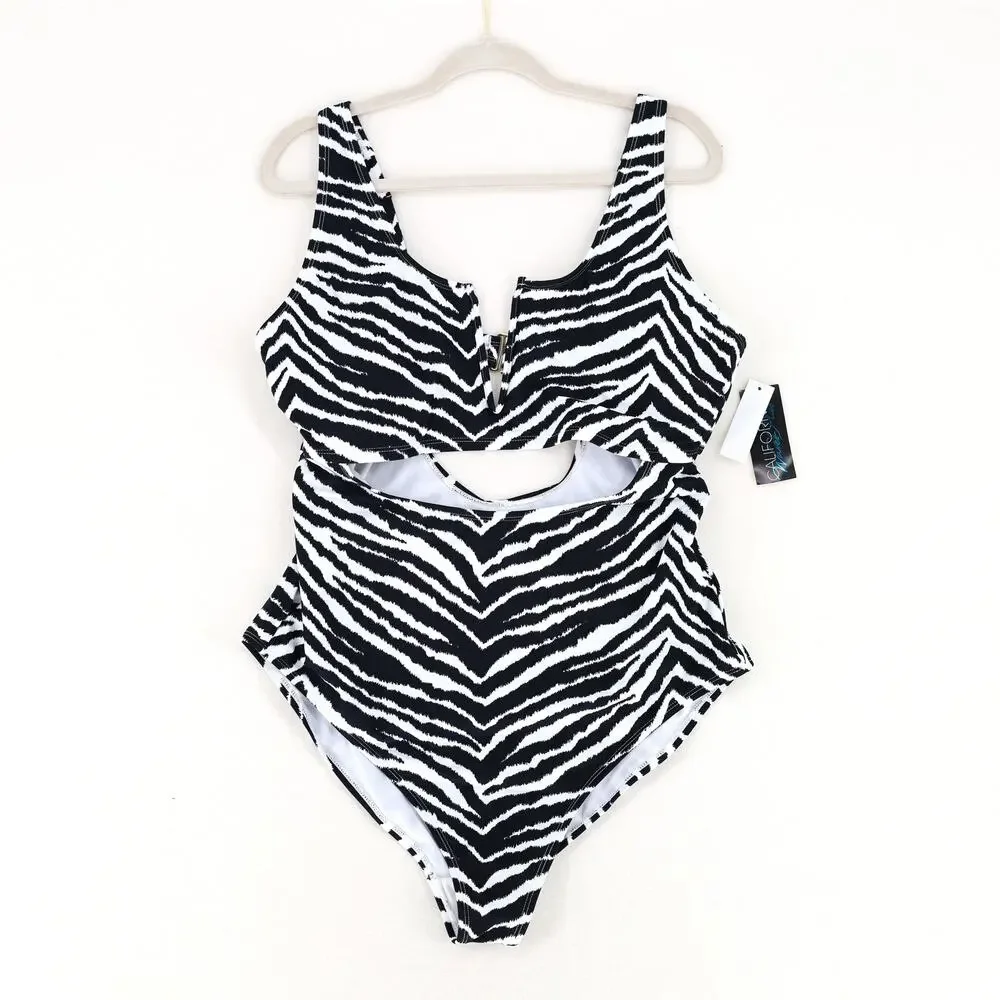 California Waves Women Trendy Zebra Cutout One-Piece Swimsuit Plus Size 22/24